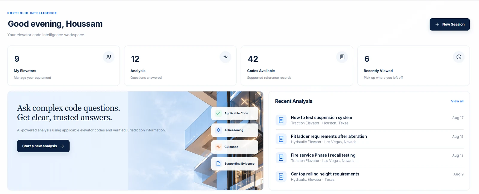 The workspace dashboard showing 9 elevators, 12 analyses, 42 available codes, and a list of recent analysis sessions