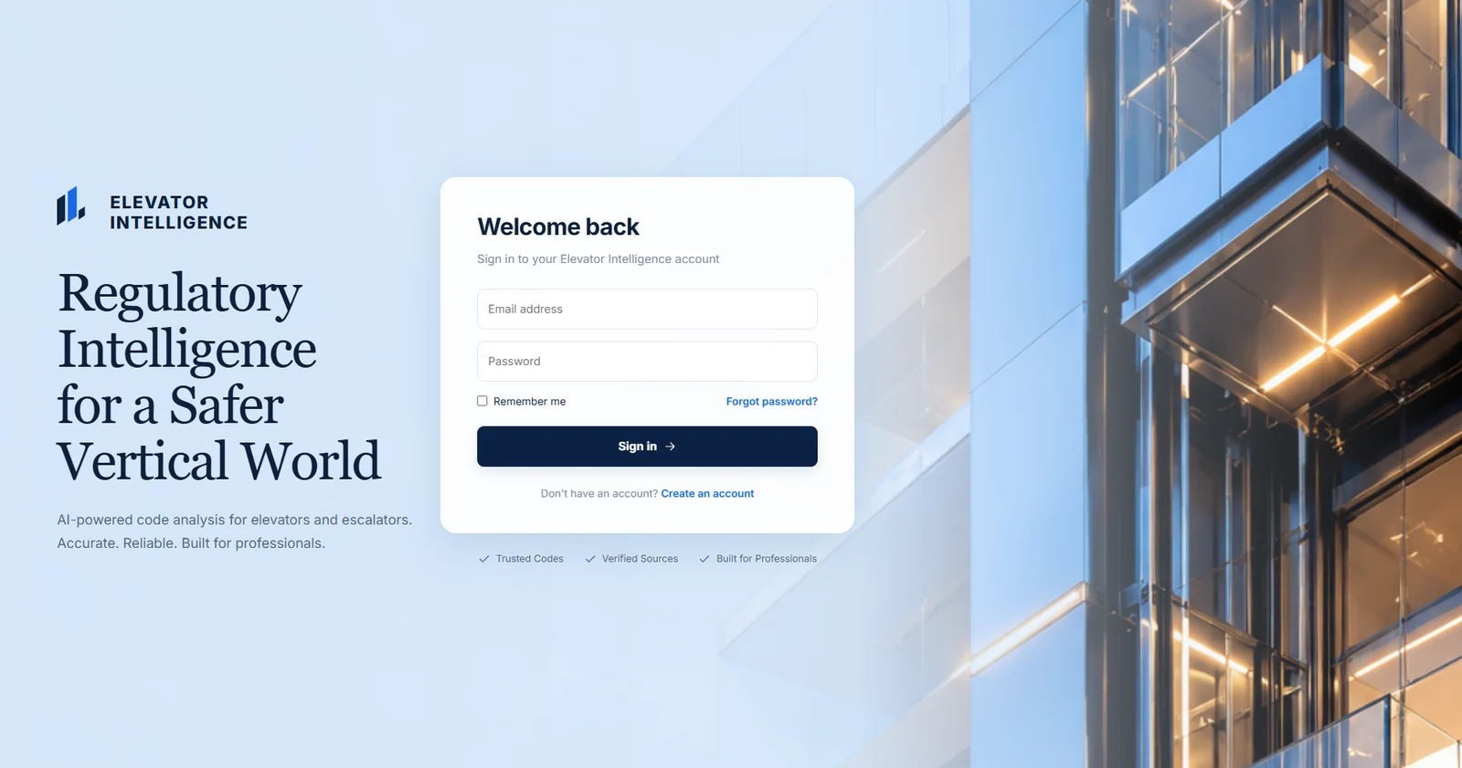 The Elevator Intelligence sign-in page